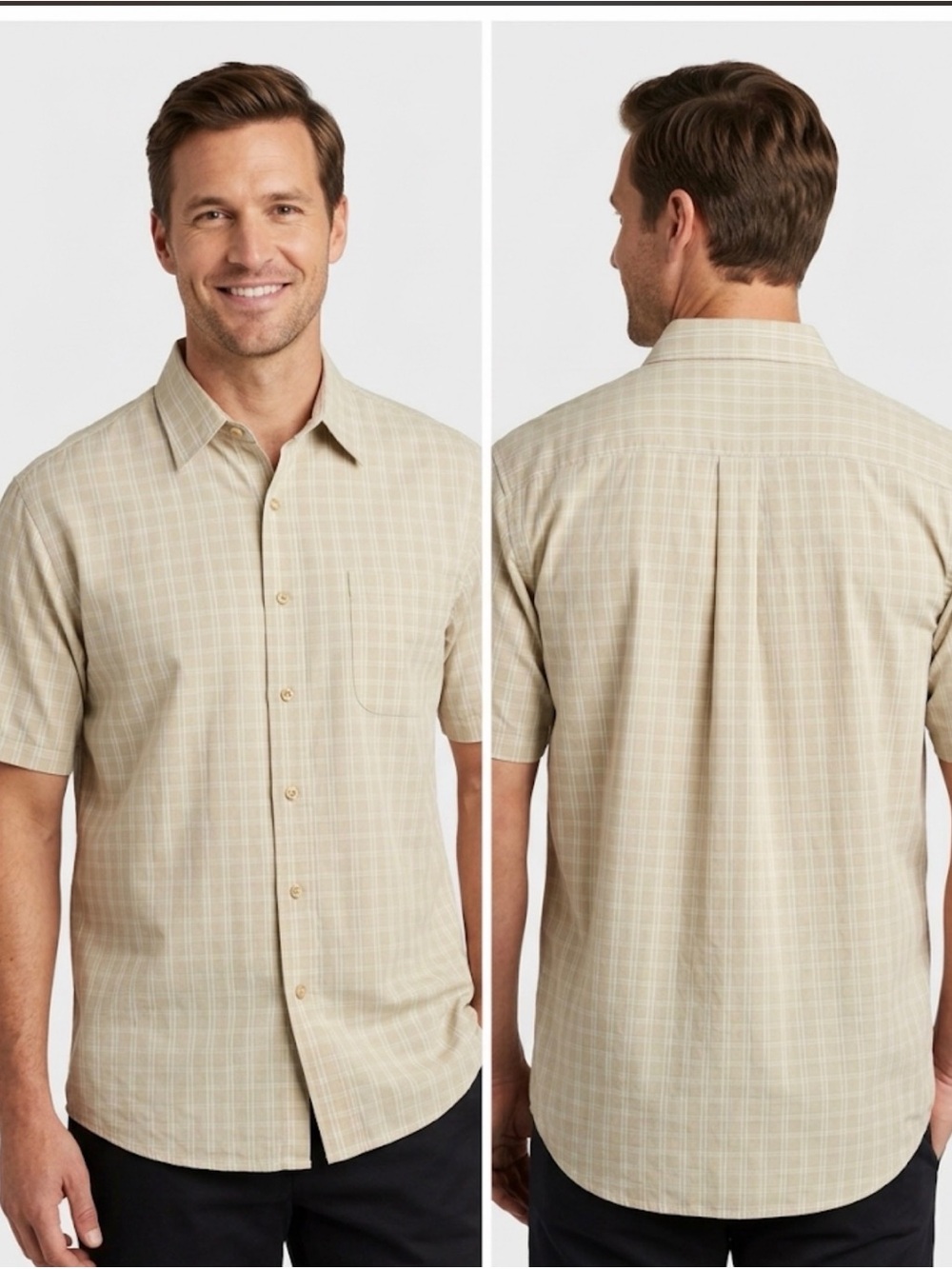 Perry Ellis Beige Plaid Rayon Blend Resort Button Up Shirt Medium